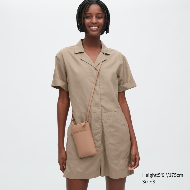 Beige Women Uniqlo Linen Blend Short-sleeve Romper Dress | USA BOVZA-4721