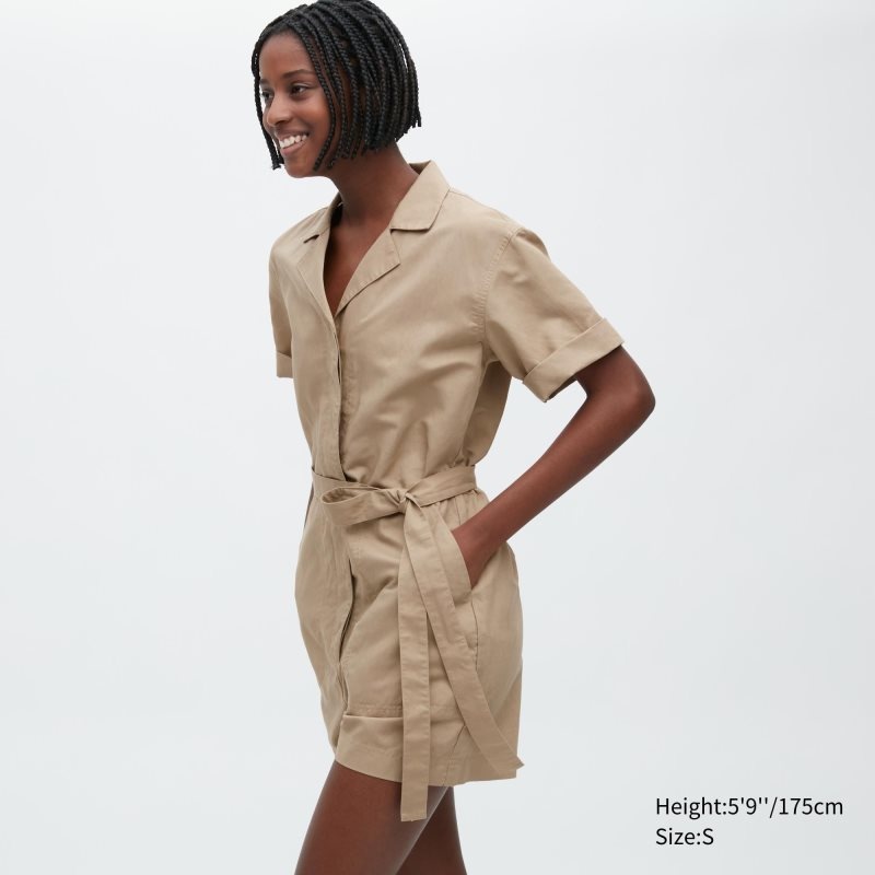 Beige Women Uniqlo Linen Blend Short-sleeve Romper Dress | USA BOVZA-4721