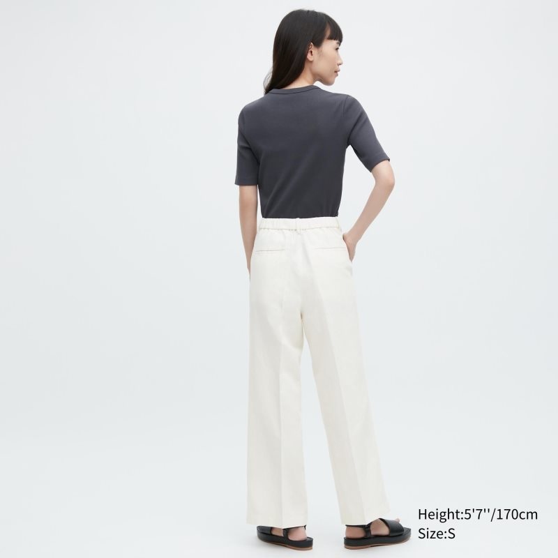 Beige Women Uniqlo Linen Blend Tucked Wide Pants | USA RTBQH-8927