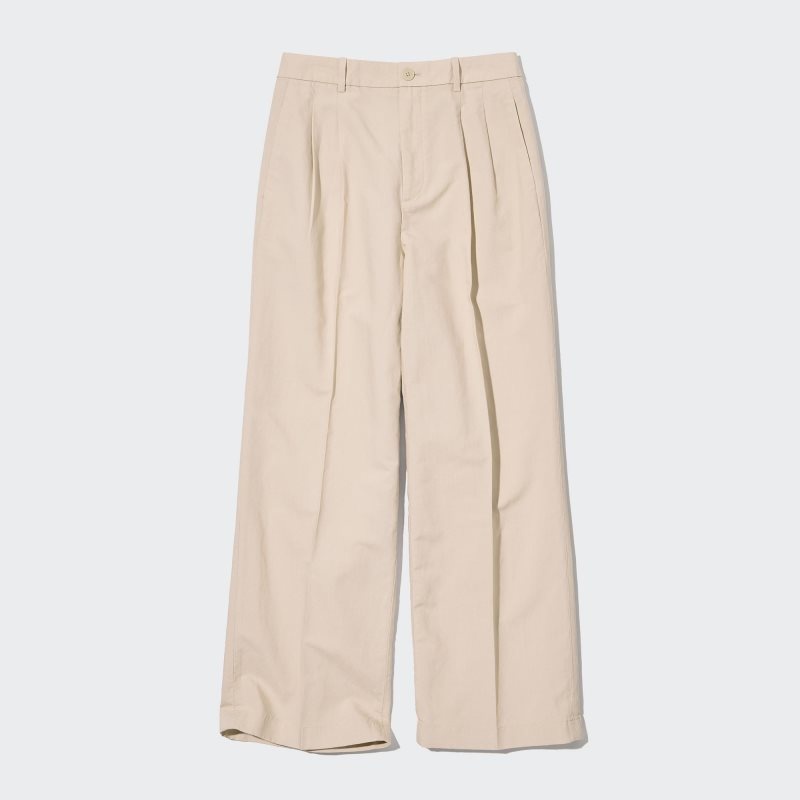 Beige Women Uniqlo Linen Blend Tucked Wide Pants | USA RTBQH-8927