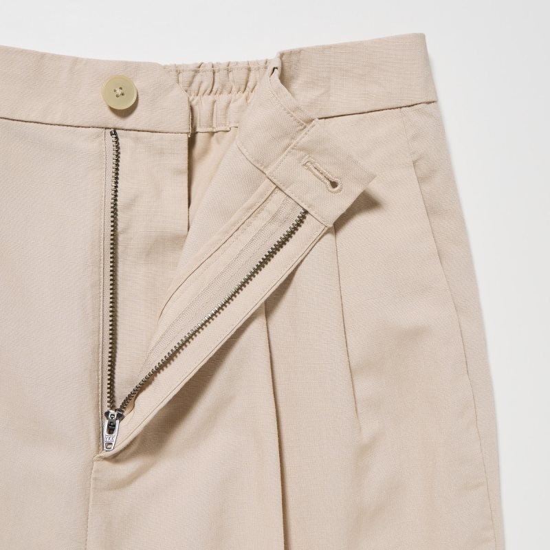 Beige Women Uniqlo Linen Blend Tucked Wide Pants | USA RTBQH-8927