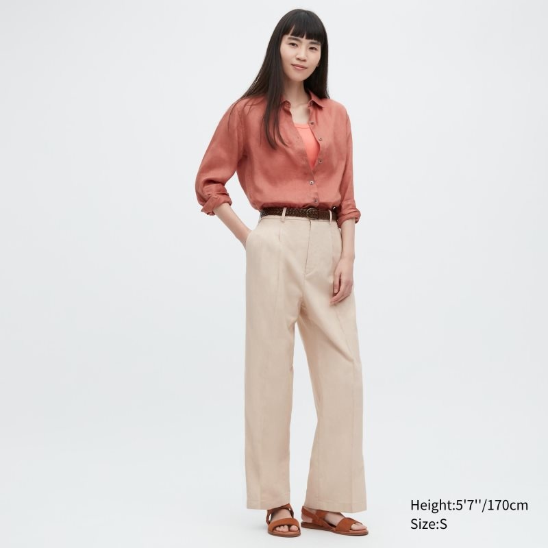 Beige Women Uniqlo Linen Blend Tucked Wide Pants | USA RTBQH-8927