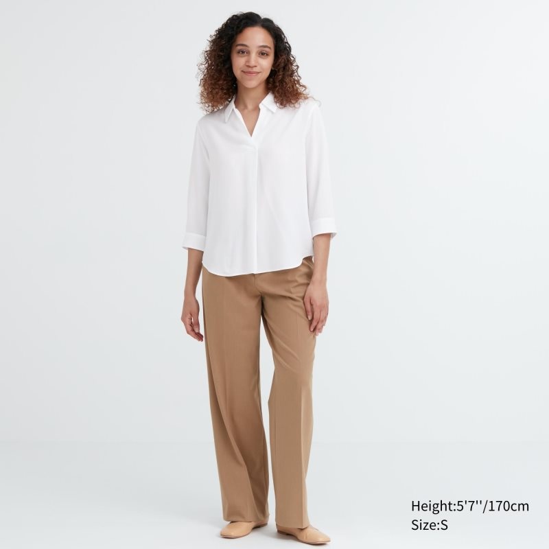 Beige Women Uniqlo Rayon Skipper Collar 3/4-sleeve Blouse | USA OPWGF-5924