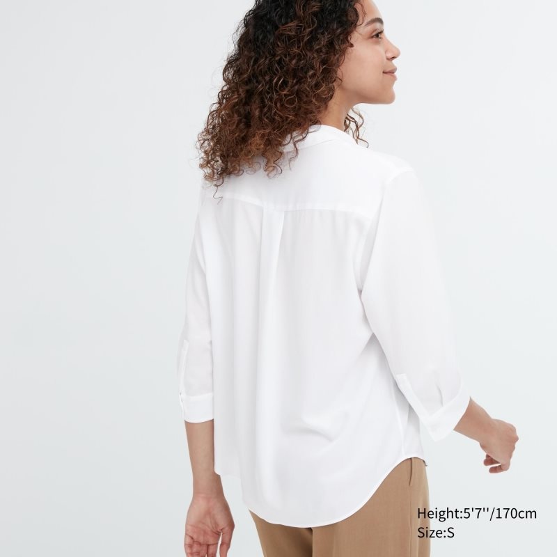 Beige Women Uniqlo Rayon Skipper Collar 3/4-sleeve Blouse | USA OPWGF-5924