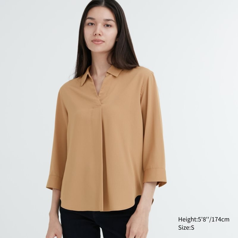 Beige Women Uniqlo Rayon Skipper Collar 3/4-sleeve Blouse | USA OPWGF-5924