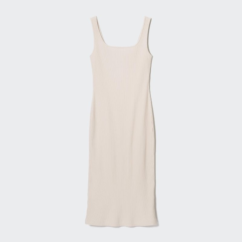 Beige Women Uniqlo Ribbed Square Neck Sleeveless Dress | USA DOGCL-0465