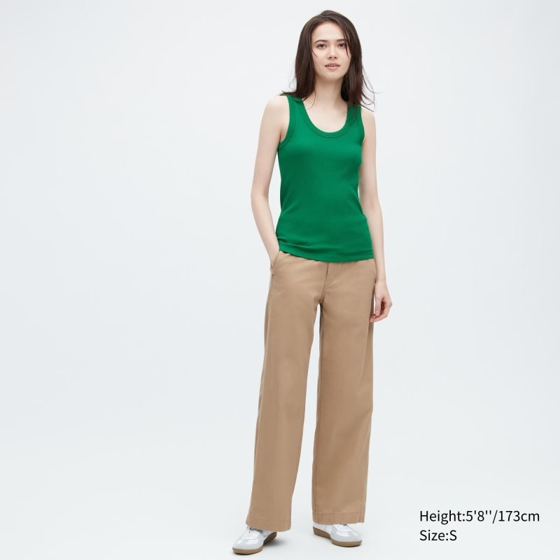 Beige Women Uniqlo Ribbed Tank Tops | USA NTWIA-7618