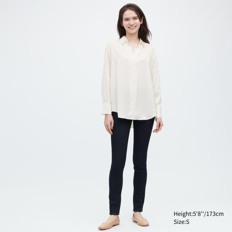 Beige Women Uniqlo Satin Long-sleeve Blouse | USA OAZXL-0279