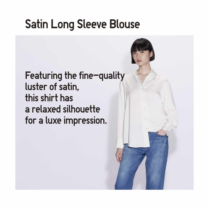 Beige Women Uniqlo Satin Long-sleeve Blouse | USA OAZXL-0279