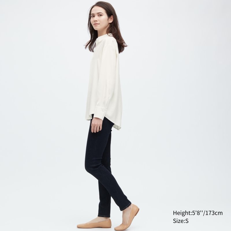 Beige Women Uniqlo Satin Long-sleeve Blouse | USA OAZXL-0279