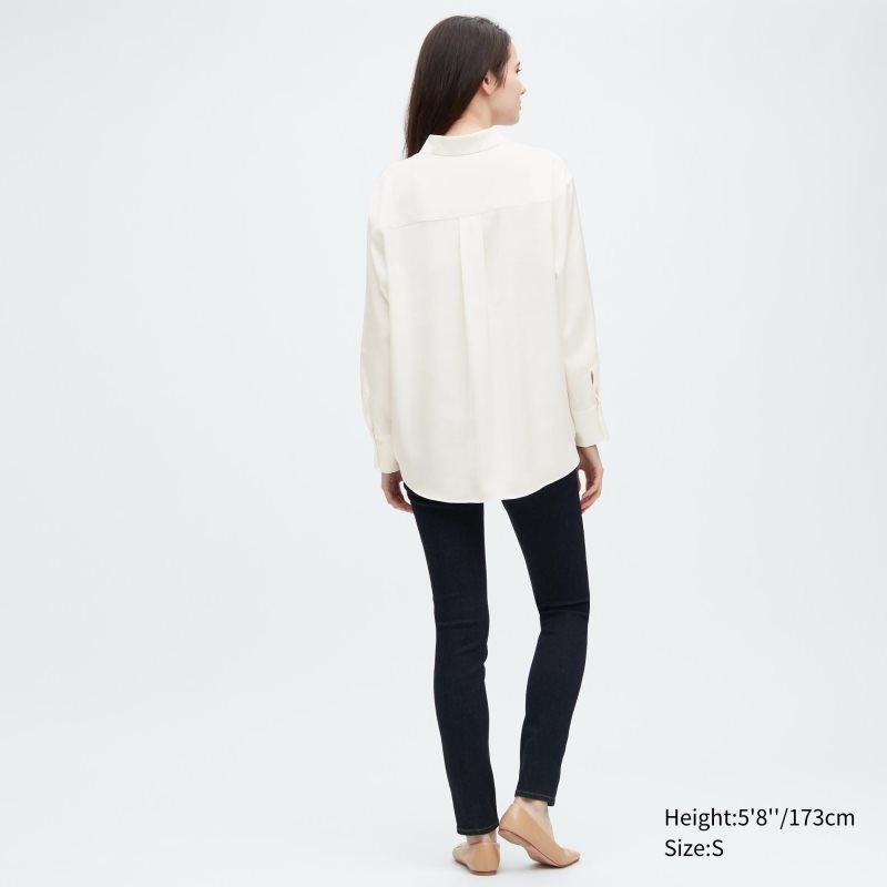 Beige Women Uniqlo Satin Long-sleeve Blouse | USA OAZXL-0279