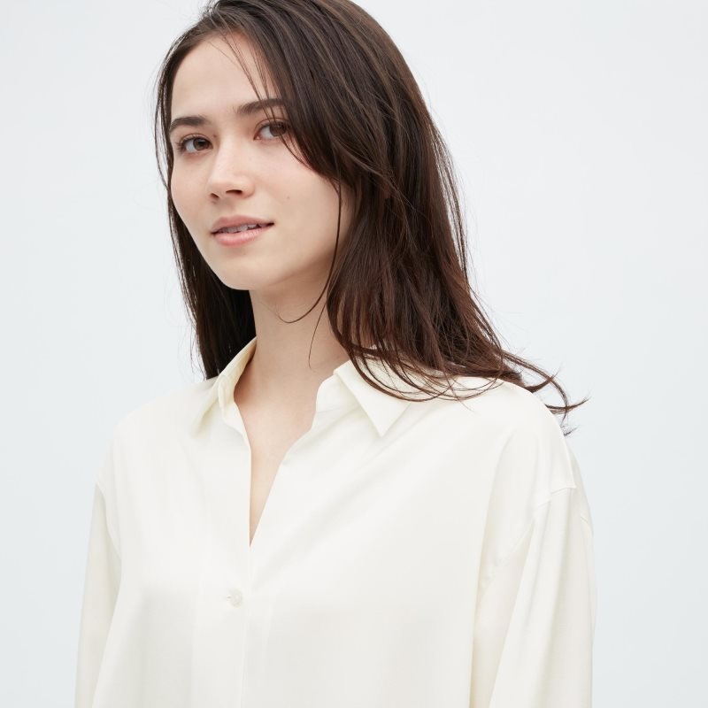 Beige Women Uniqlo Satin Long-sleeve Blouse | USA OAZXL-0279