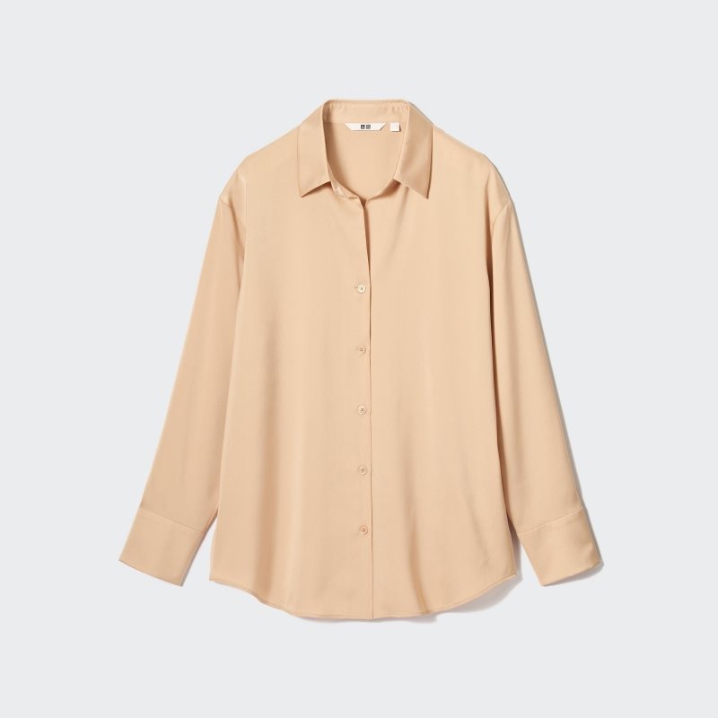 Beige Women Uniqlo Satin Long-sleeve Blouse | USA OAZXL-0279