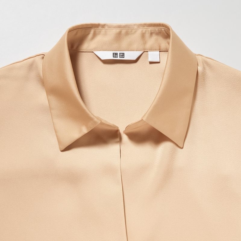 Beige Women Uniqlo Satin Long-sleeve Blouse | USA OAZXL-0279