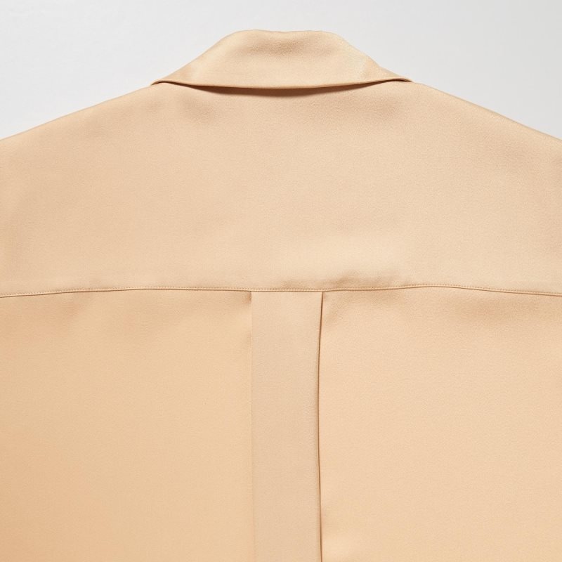 Beige Women Uniqlo Satin Long-sleeve Blouse | USA OAZXL-0279