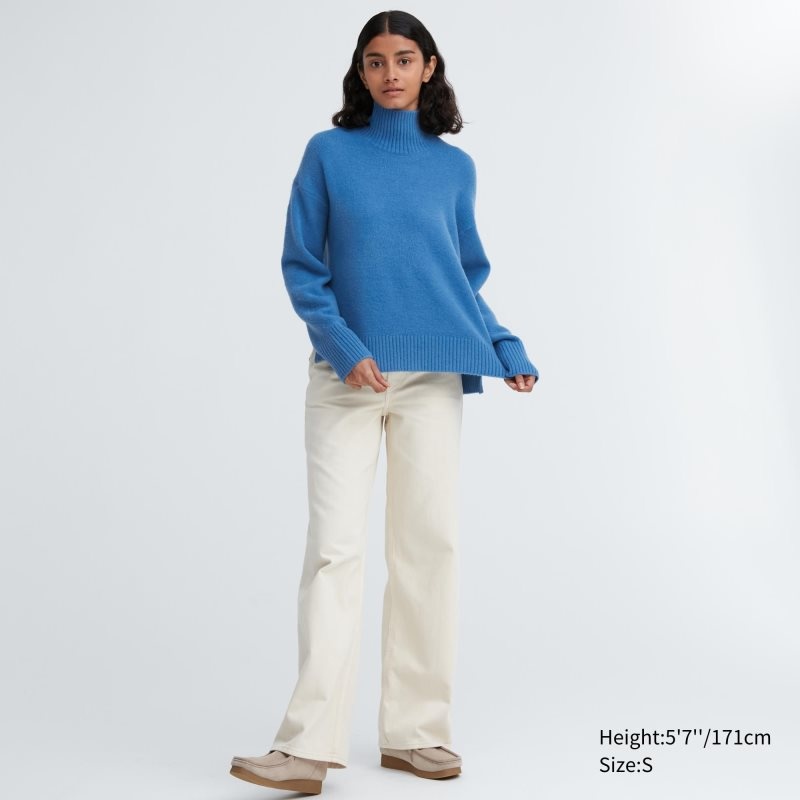 Beige Women Uniqlo Souffle Yarn Long Sleeve High Neck Sweaters | USA QBXWZ-0126