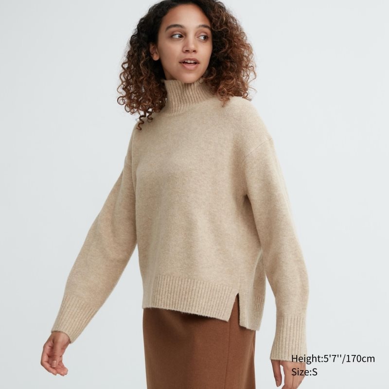 Beige Women Uniqlo Souffle Yarn Long Sleeve High Neck Sweaters | USA QBXWZ-0126