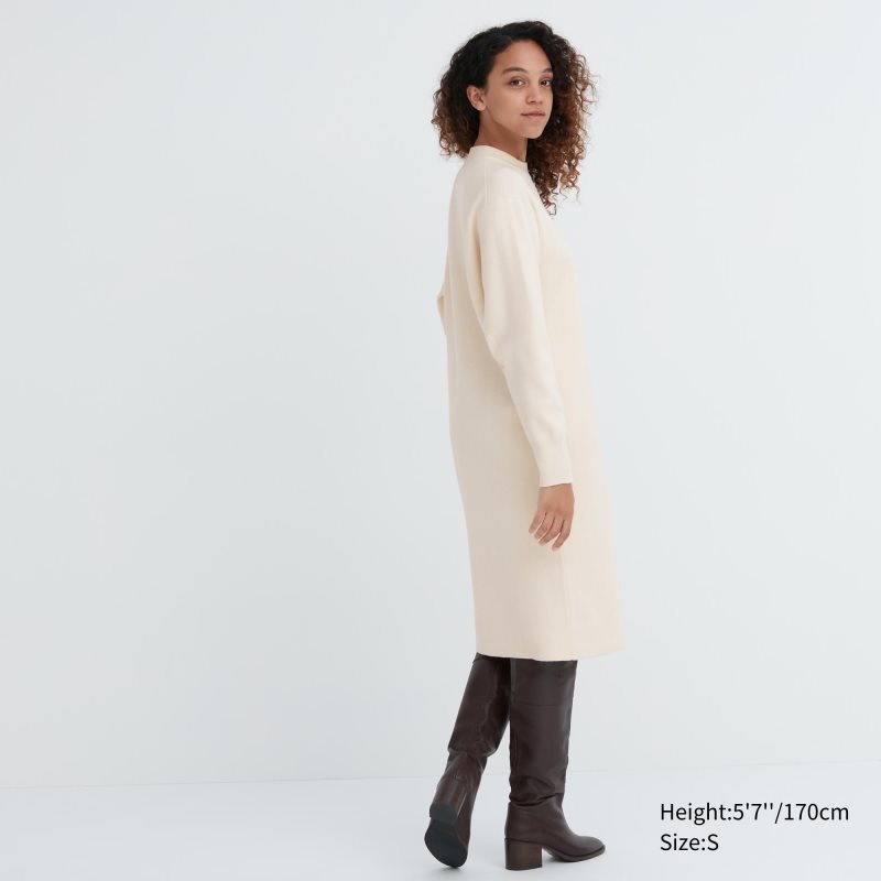 Beige Women Uniqlo Souffle Yarn Long-sleeve Dress | USA KMSAL-6941