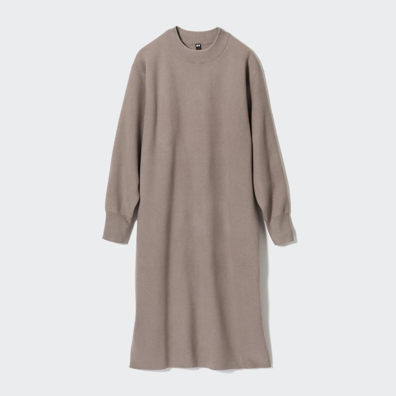 Beige Women Uniqlo Souffle Yarn Long-sleeve Dress | USA KMSAL-6941