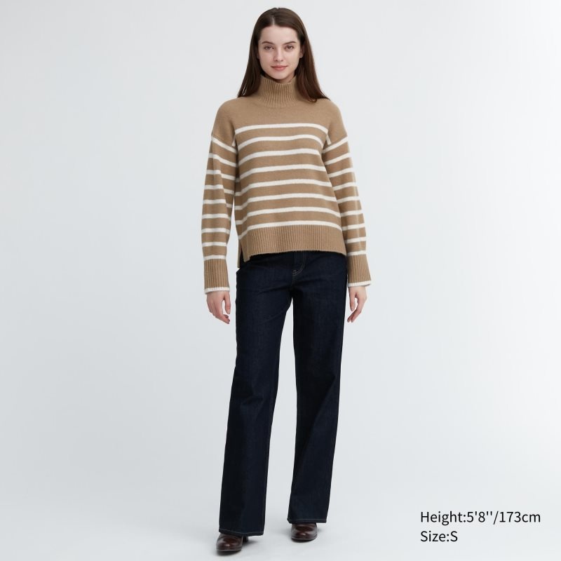 Beige Women Uniqlo Souffle Yarn Striped High Neck Long-sleeve Sweaters | USA NZVBF-5683