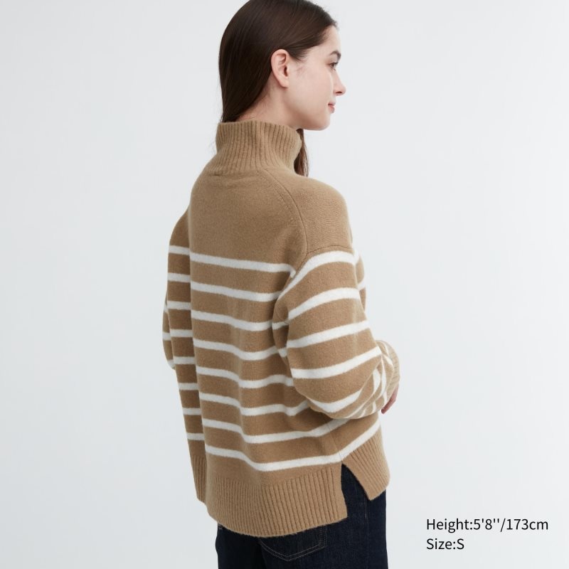 Beige Women Uniqlo Souffle Yarn Striped High Neck Long-sleeve Sweaters | USA NZVBF-5683