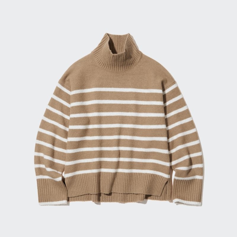 Beige Women Uniqlo Souffle Yarn Striped High Neck Long-sleeve Sweaters | USA NZVBF-5683