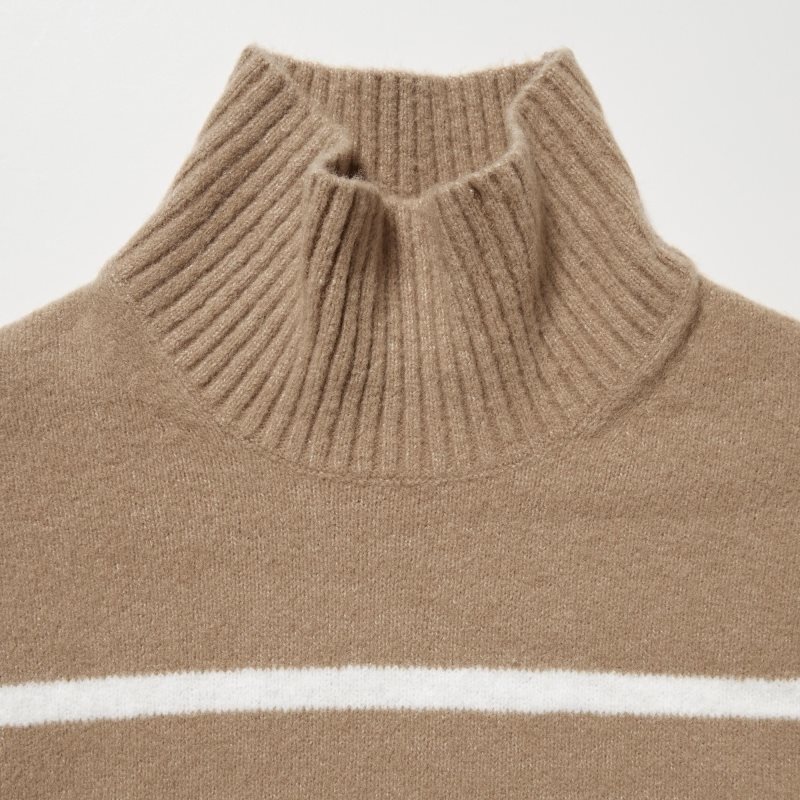 Beige Women Uniqlo Souffle Yarn Striped High Neck Long-sleeve Sweaters | USA NZVBF-5683