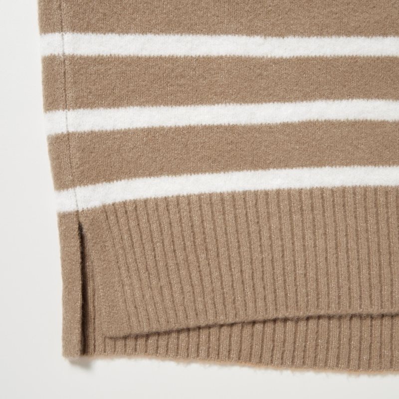 Beige Women Uniqlo Souffle Yarn Striped High Neck Long-sleeve Sweaters | USA NZVBF-5683