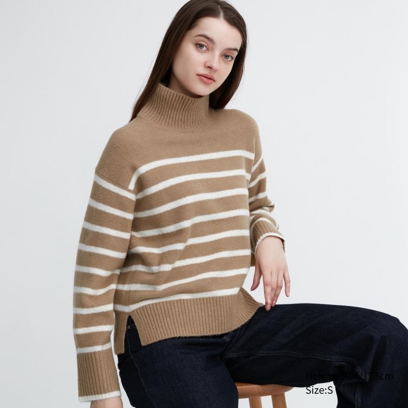 Beige Women Uniqlo Souffle Yarn Striped High Neck Long-sleeve Sweaters | USA NZVBF-5683