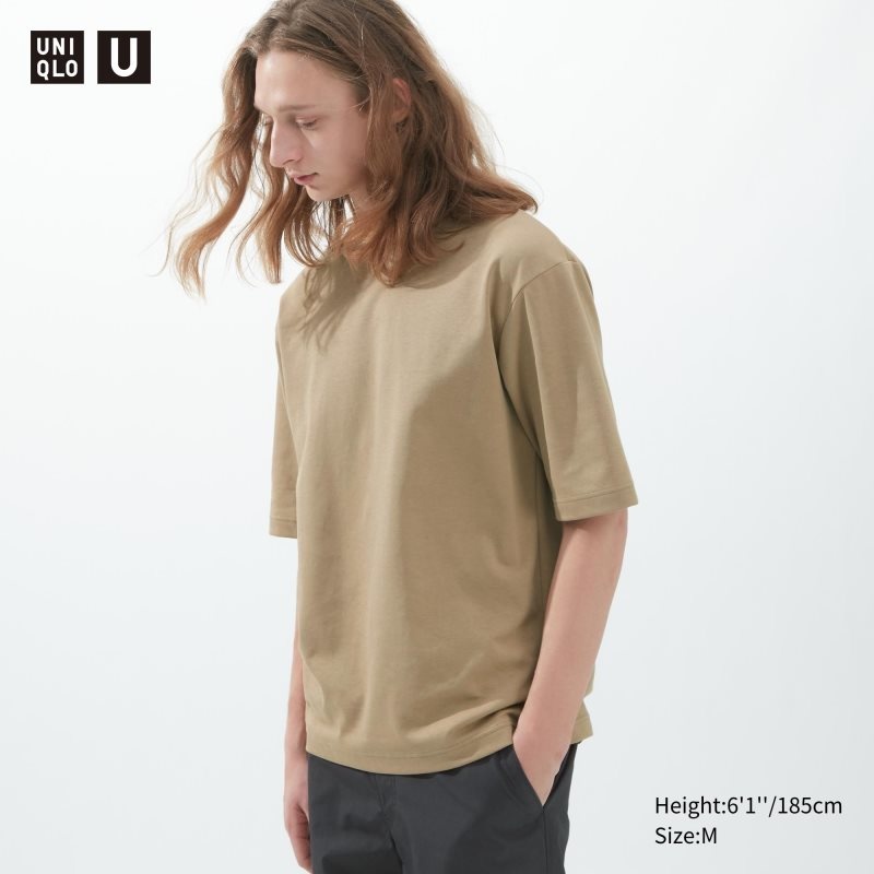 Beige Women Uniqlo U Airism Cotton Oversized Crew Neck Half-sleeve T Shirts | USA PEUZW-4167