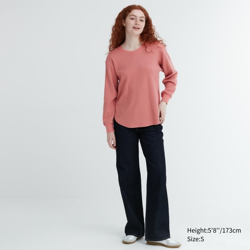 Beige Women Uniqlo Waffle Crew Neck Long-sleeve T Shirts | USA DMYBA-4326