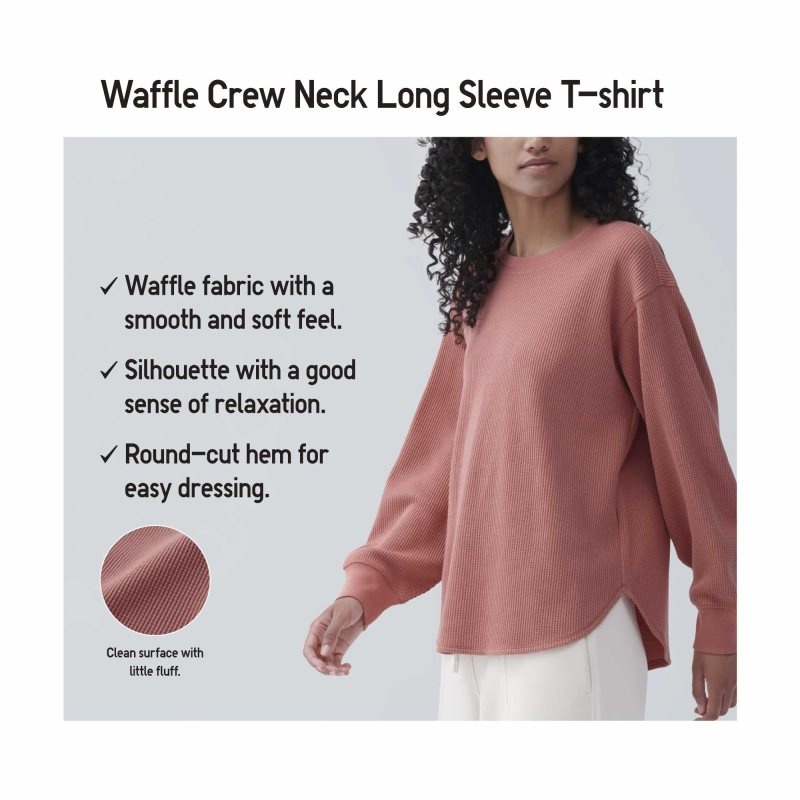 Beige Women Uniqlo Waffle Crew Neck Long-sleeve T Shirts | USA DMYBA-4326