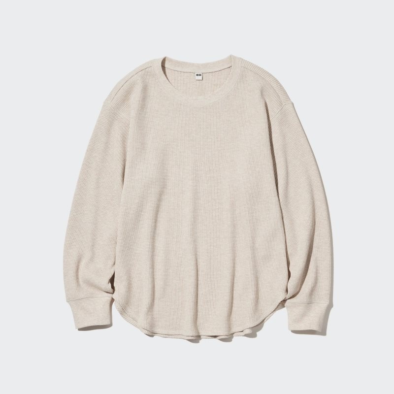 Beige Women Uniqlo Waffle Crew Neck Long-sleeve T Shirts | USA DMYBA-4326