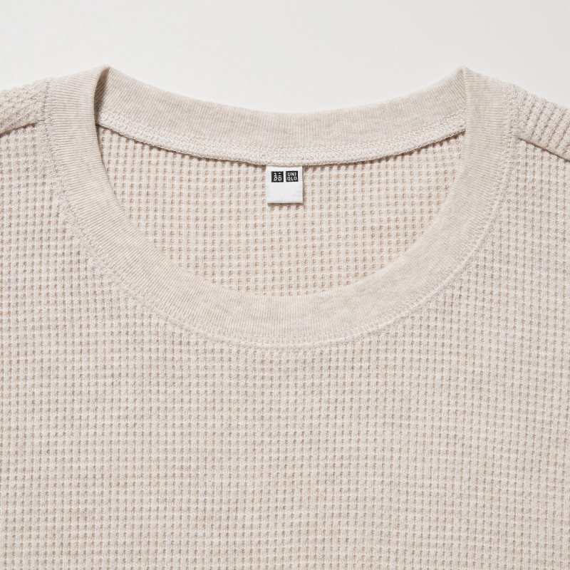 Beige Women Uniqlo Waffle Crew Neck Long-sleeve T Shirts | USA DMYBA-4326