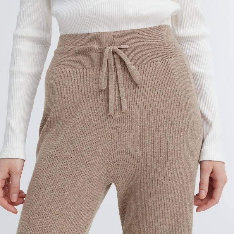 Beige Women Uniqlo Washable Knit Ribbed Pants | USA LFUHD-6407