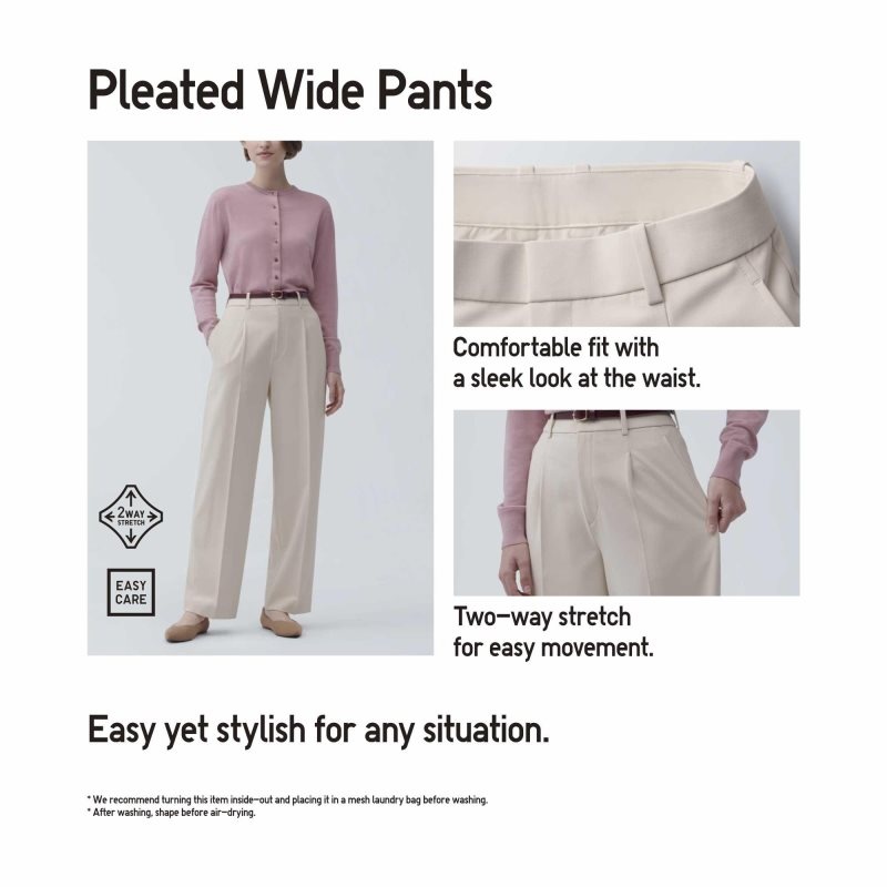 Beige Women Uniqlo Wide-fit Pleated Pants | USA SQBMP-6375