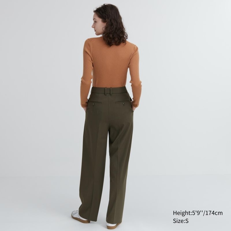 Beige Women Uniqlo Wide-fit Pleated (Tall) Pants | USA WJEUS-2035