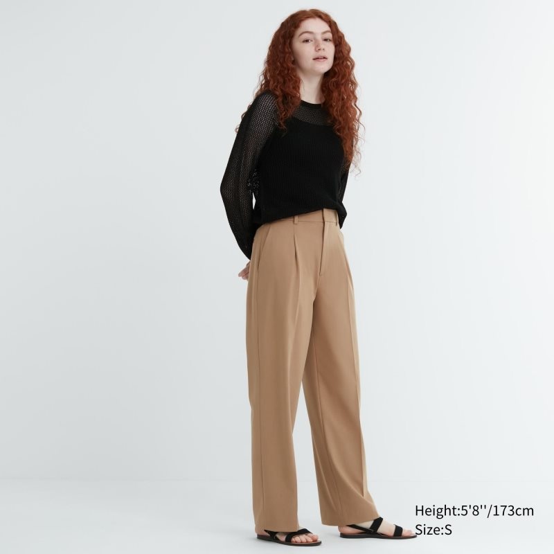 Beige Women Uniqlo Wide-fit Pleated (Tall) Pants | USA WJEUS-2035