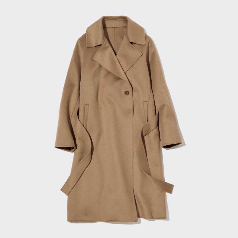 Beige Women Uniqlo Wool Blend Long Coats | USA JASUY-7349