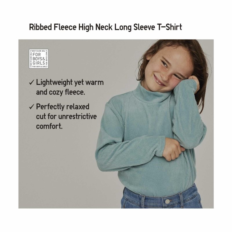 Black Kids Uniqlo Ribbed Fleece High Neck Long-sleeve T Shirts | USA ELAYV-0928