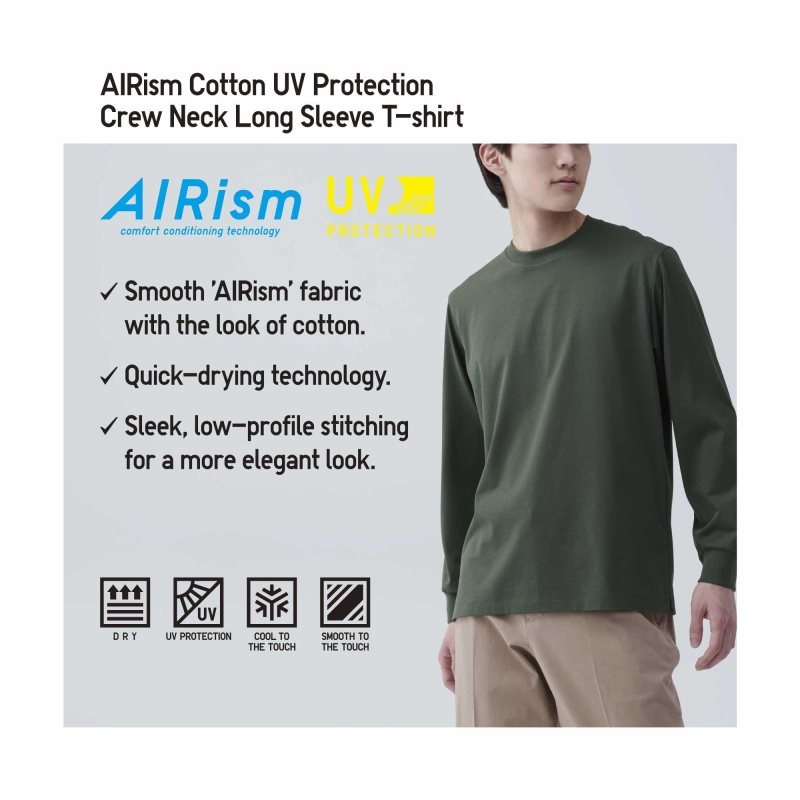 Black Men Uniqlo Airism Cotton Uv Protection Crew Neck Long-sleeve T Shirts | USA KMOFR-2075