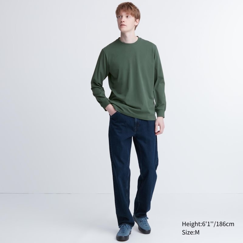 Black Men Uniqlo Airism Cotton Uv Protection Crew Neck Long-sleeve T Shirts | USA KMOFR-2075