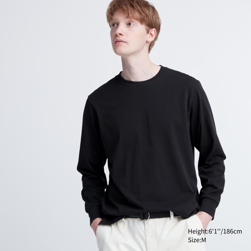 Black Men Uniqlo Airism Cotton Uv Protection Crew Neck T Shirts | USA UTQOZ-5201