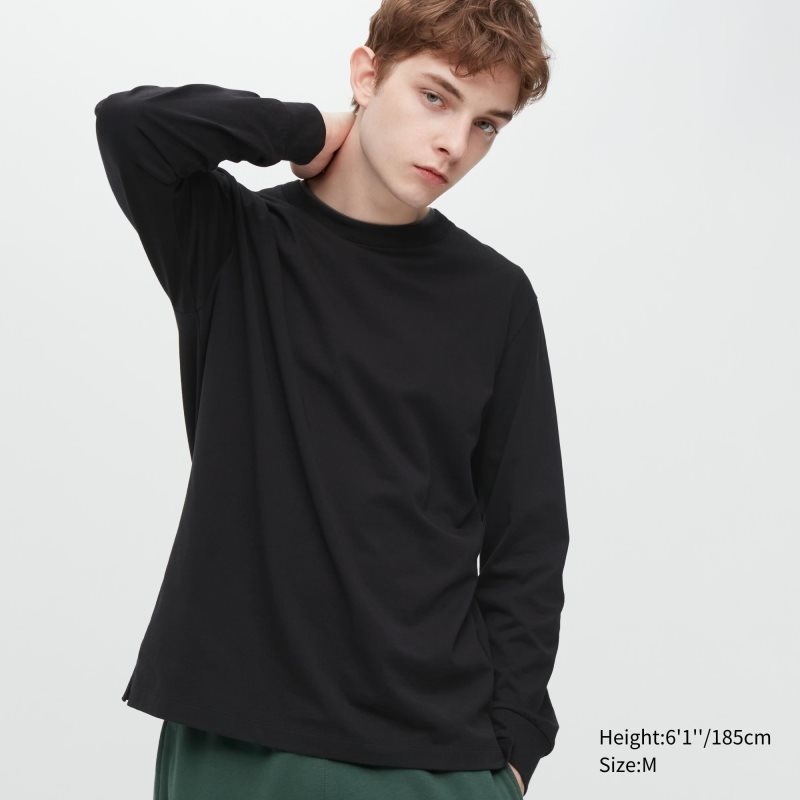 Black Men Uniqlo Airism Cotton Uv Protection Crew Neck T Shirts | USA FDCHJ-8513