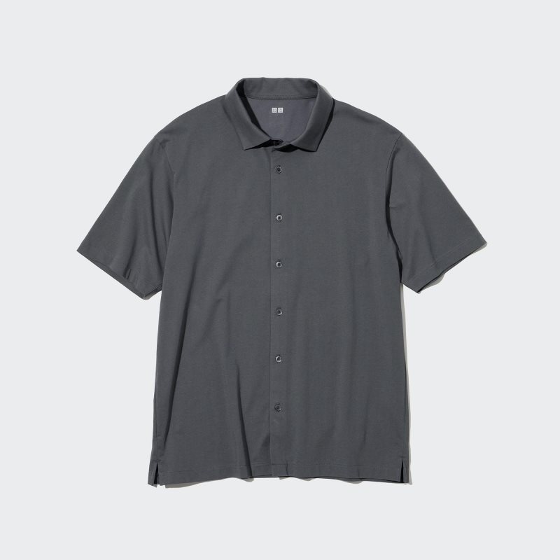 Black Men Uniqlo Airism Full Open Short-sleeve Polo Shirts | USA WFADB-8610