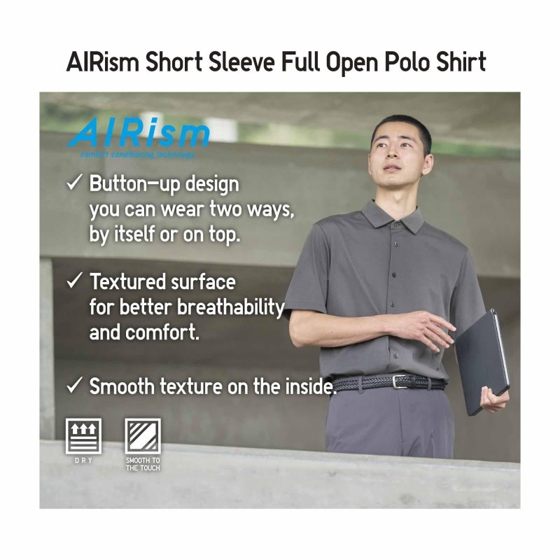 Black Men Uniqlo Airism Full Open Short-sleeve Polo Shirts | USA WFADB-8610