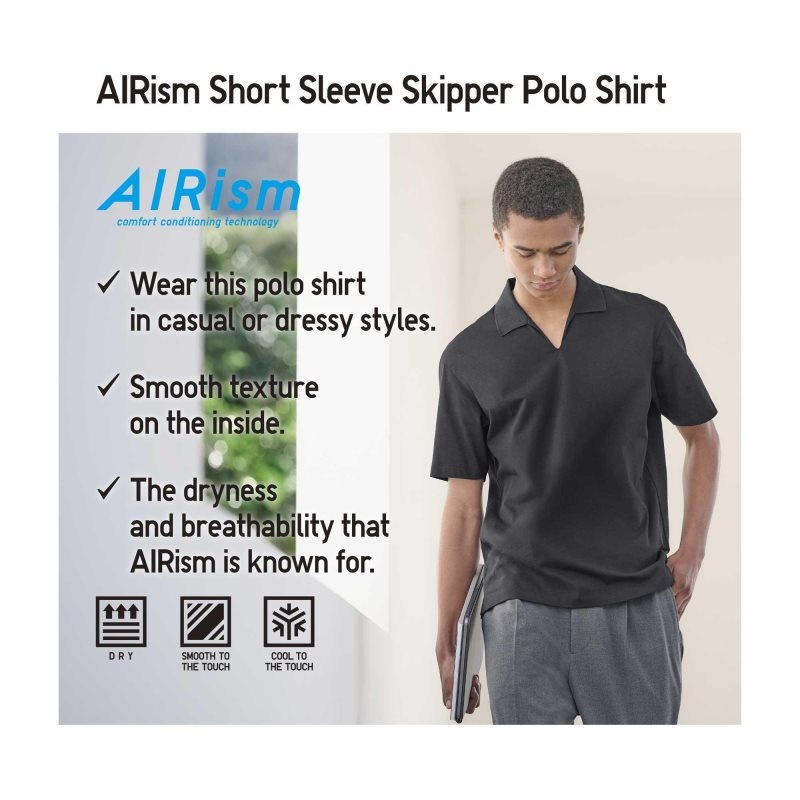 Black Men Uniqlo Airism Skipper Collar Polo Shirts | USA WHLDB-7625