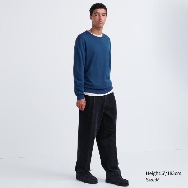 Black Men Uniqlo Extra Fine Merino Crew Neck Sweaters | USA VEIXW-5490