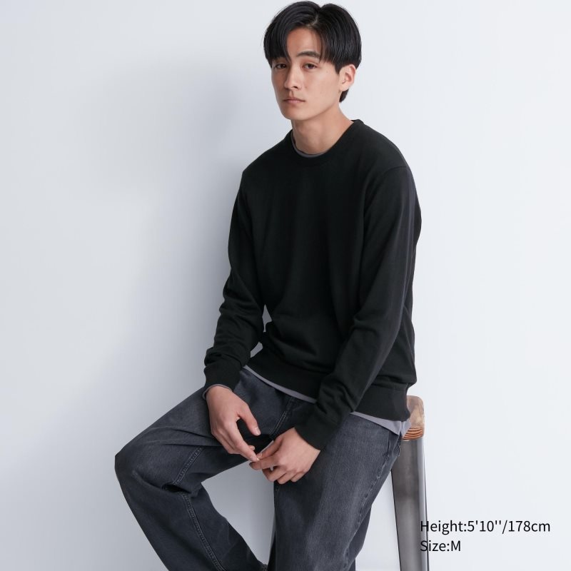 Black Men Uniqlo Extra Fine Merino Crew Neck Sweaters | USA VEIXW-5490