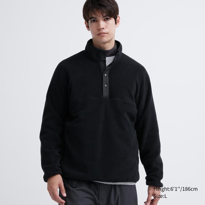 Black Men Uniqlo Fleece Button Up Long Sleeve Pullover Hoodie | USA VDCGU-9023